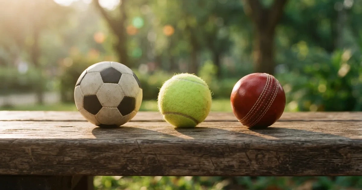 Drie ballen van verschillende soorten naast elkaar op een houten bank