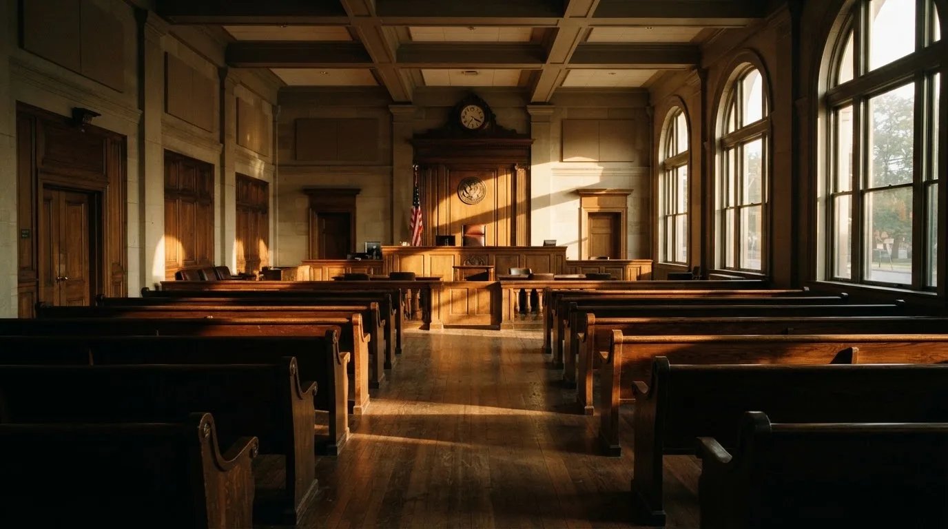 Een lege rechtszaal met houten banken in het ochtendlicht