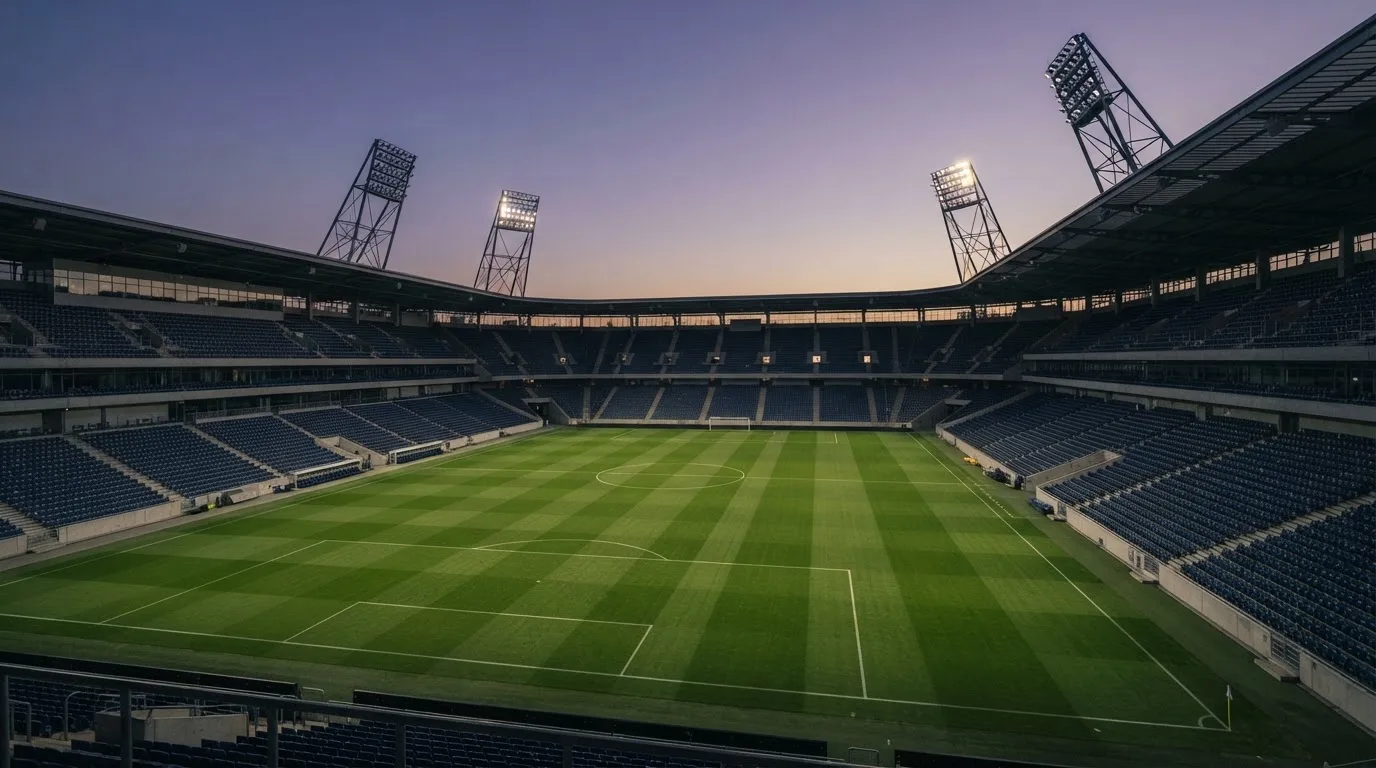 Een leeg voetbalstadion met lichtmasten bij schemering
