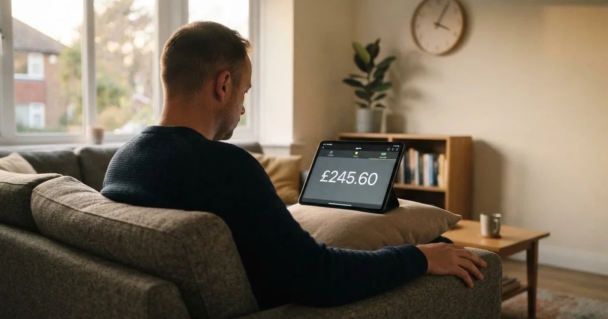 Een persoon op de bank kijkt peinzend naar een tablet, op de achtergrond een klok aan de muur