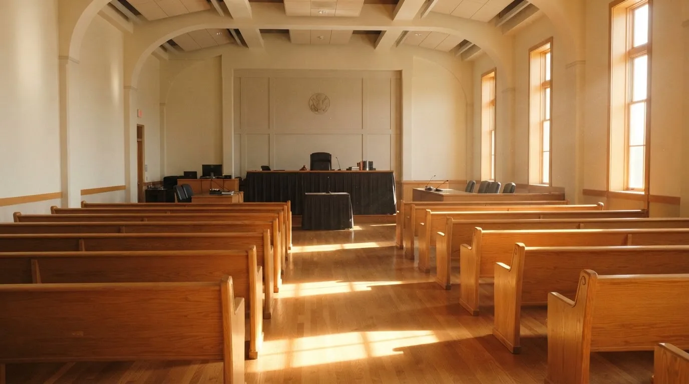 Een lege rechtszaal met houten banken in het ochtendlicht