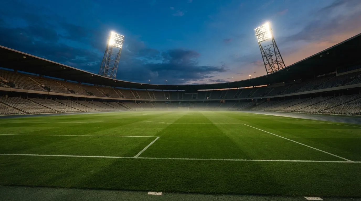 Een leeg voetbalstadion met lichtmasten bij schemering