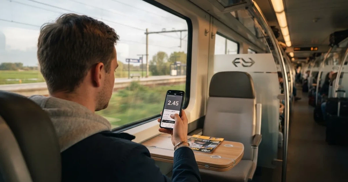 Een hand houdt een smartphone vast in de trein, het scherm van de camera afgewend