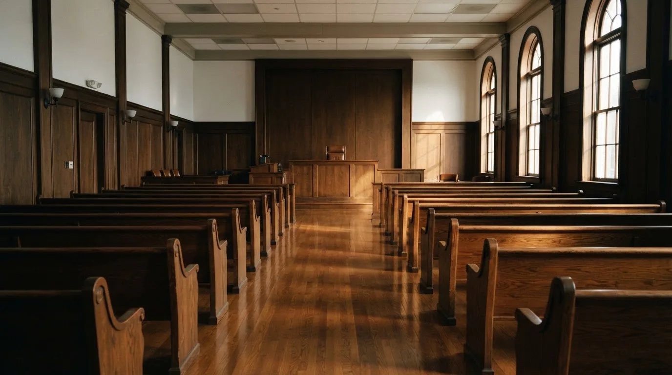 Een lege rechtszaal met houten banken in het ochtendlicht