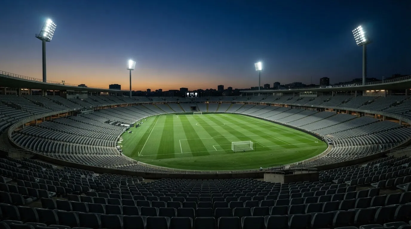 Een leeg voetbalstadion met lichtmasten bij schemering