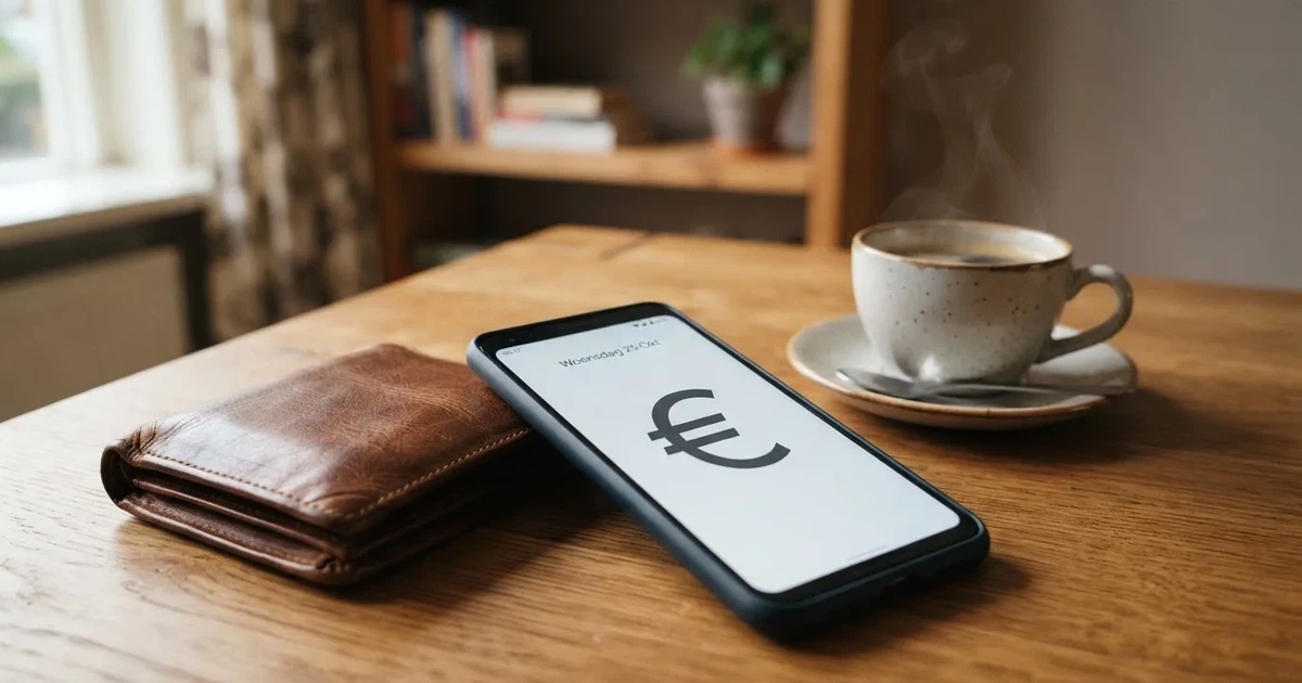 Een smartphone op een houten tafel naast een portemonnee en een kopje koffie