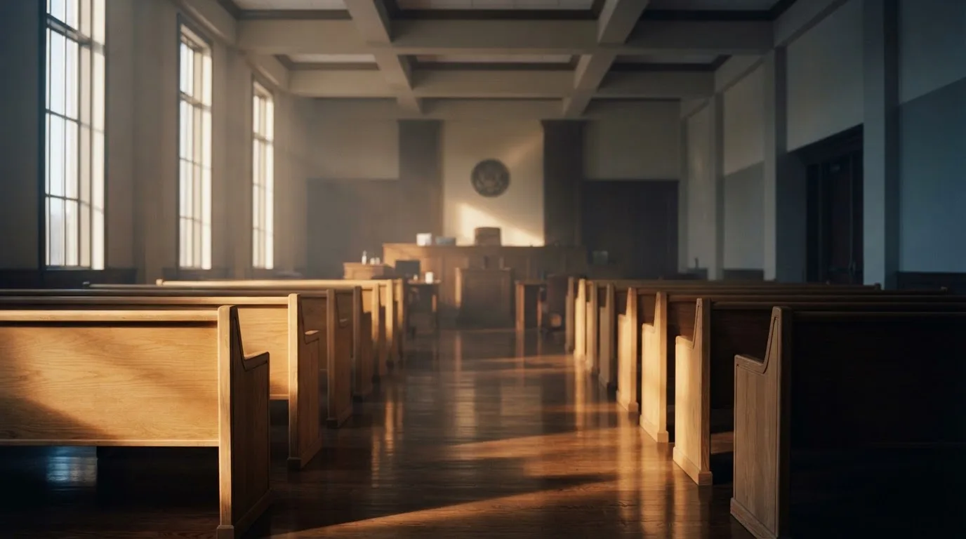 Een lege rechtszaal met houten banken in het ochtendlicht