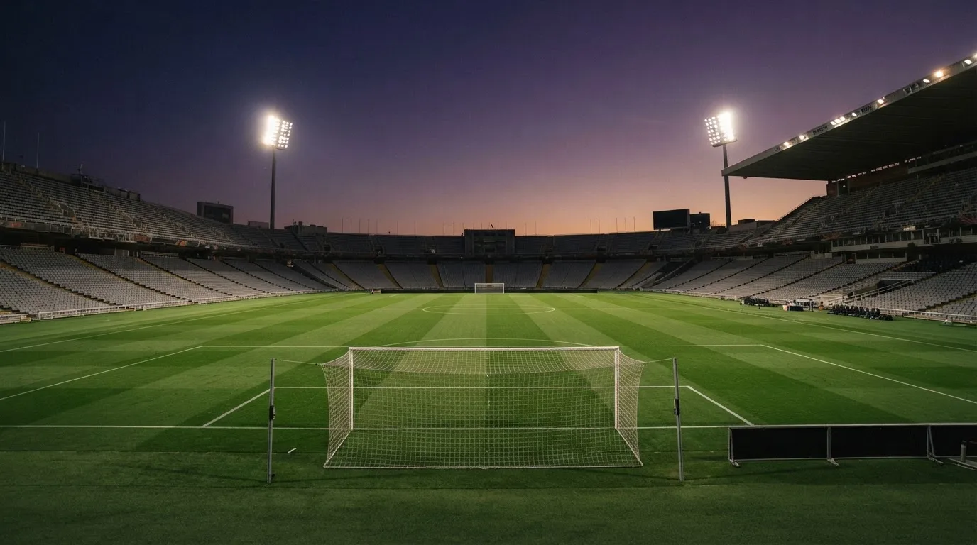 Een leeg voetbalstadion met lichtmasten bij schemering
