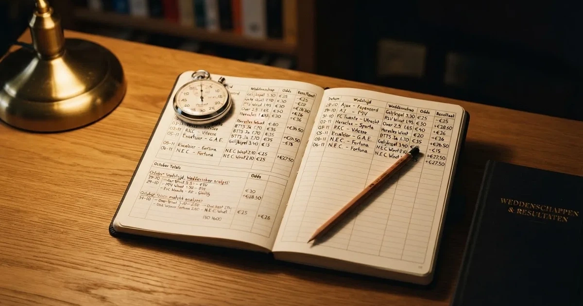 Een opengeslagen notitieboek met een potlood en een stopwatch op een houten tafel