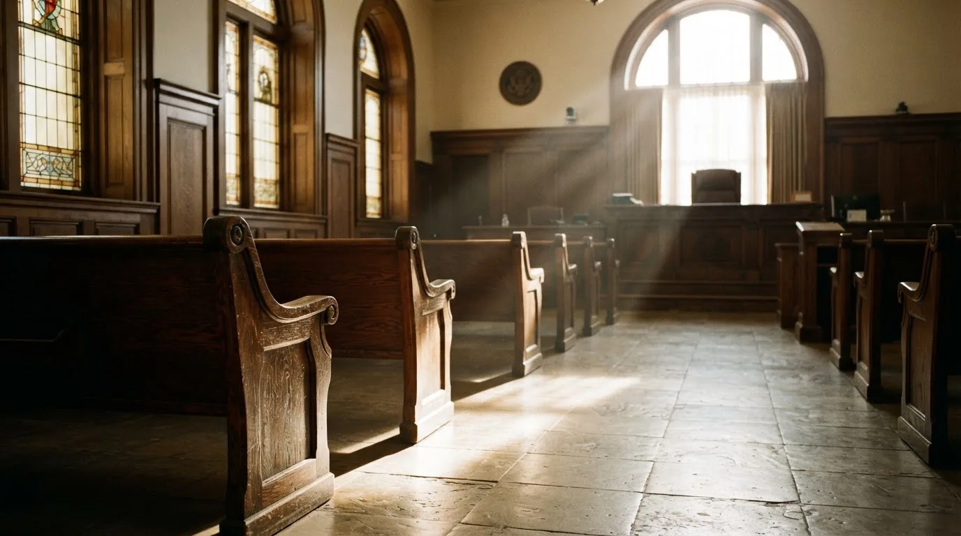 Een lege rechtszaal met houten banken in het ochtendlicht