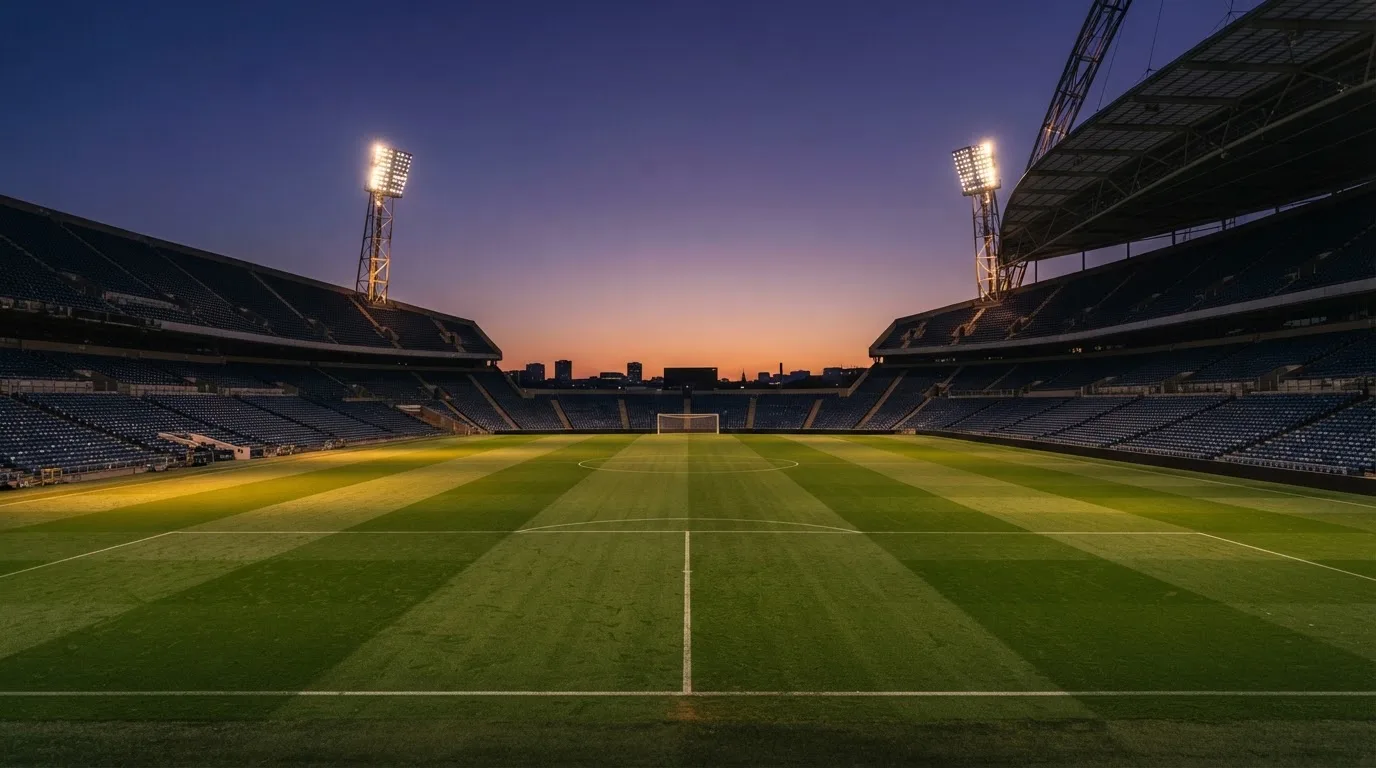 Een leeg voetbalstadion met lichtmasten bij schemering