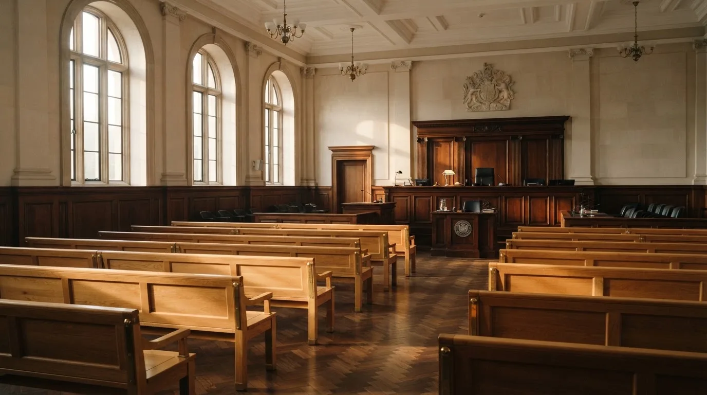 Een lege rechtszaal met houten banken in het ochtendlicht