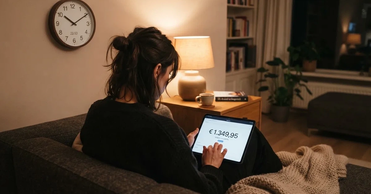 Een persoon op de bank kijkt peinzend naar een tablet, op de achtergrond een klok aan de muur