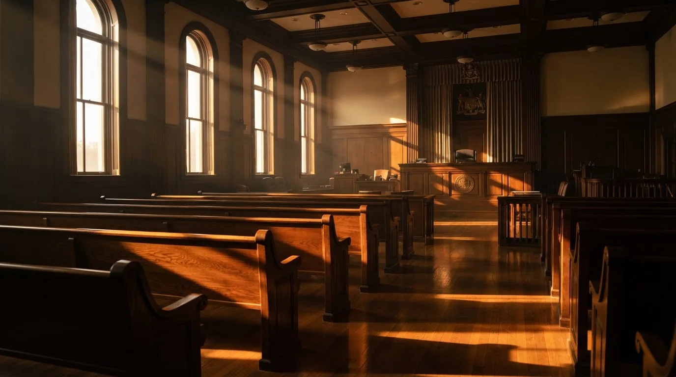Een lege rechtszaal met houten banken in het ochtendlicht