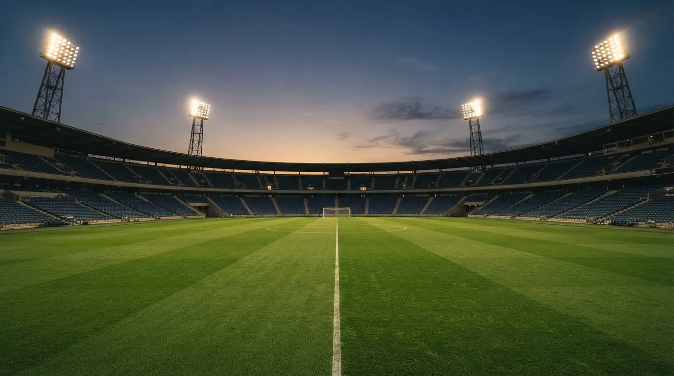 Een leeg voetbalstadion met lichtmasten bij schemering