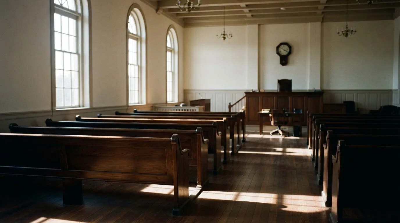 Een lege rechtszaal met houten banken in het ochtendlicht