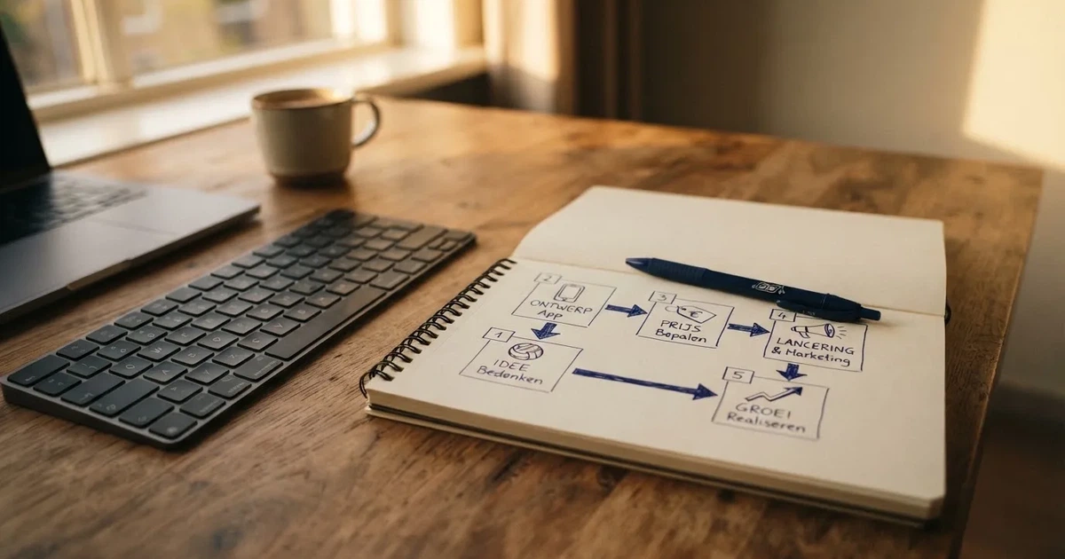 Een notitieblok met een met de hand getekend stappenplan naast een toetsenbord