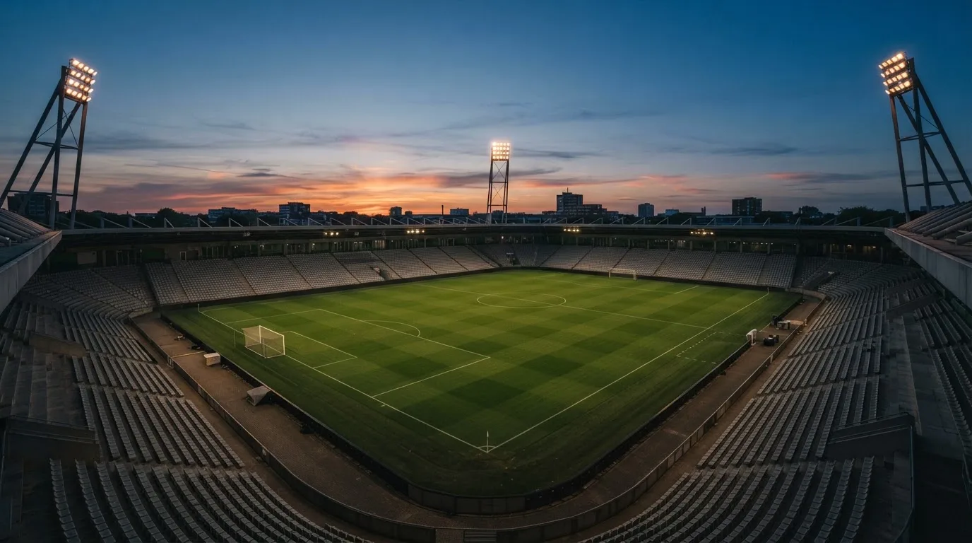 Een leeg voetbalstadion met lichtmasten bij schemering