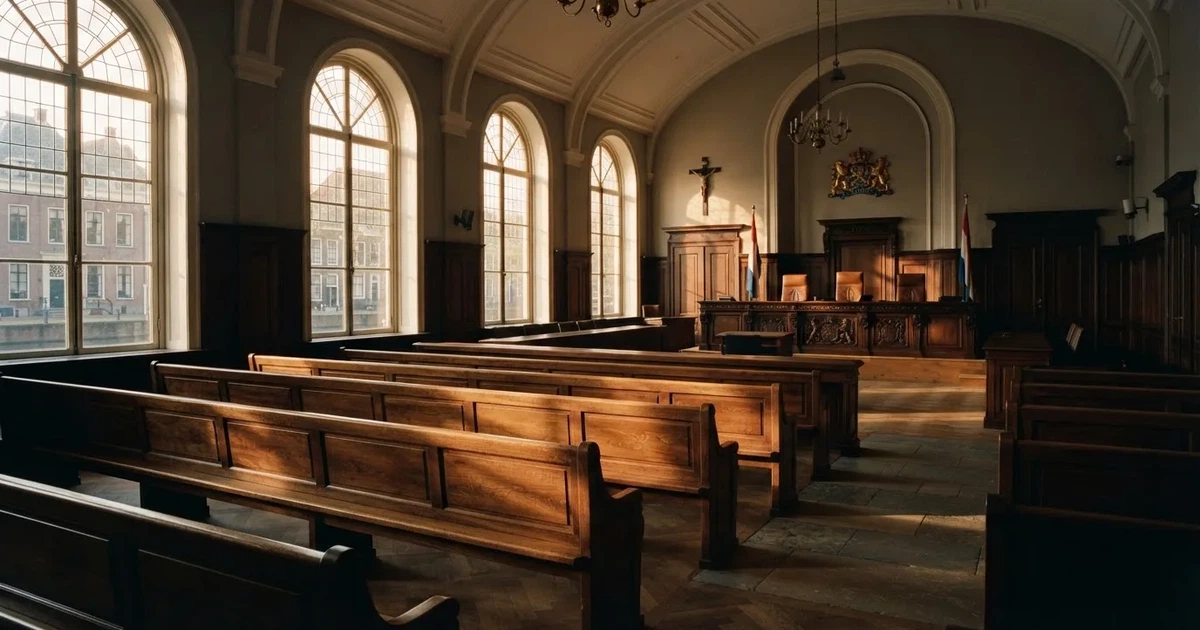 Een lege rechtszaal met houten banken in het ochtendlicht