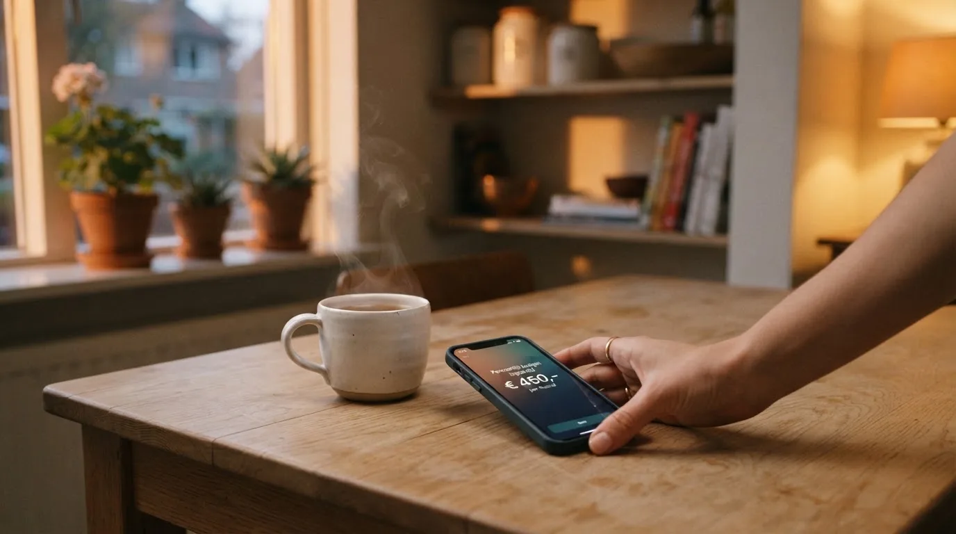 Een hand legt een smartphone naast een kopje thee op een keukentafel, een rustige avond