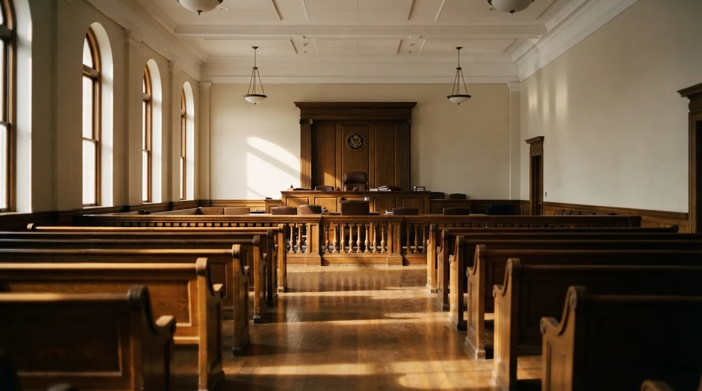 Een lege rechtszaal met houten banken in het ochtendlicht