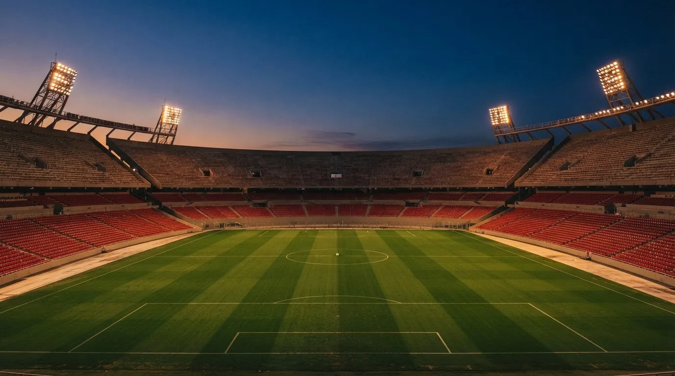 Een leeg voetbalstadion met lichtmasten bij schemering