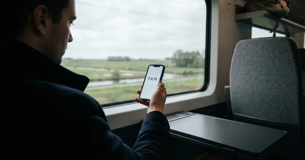 Een hand houdt een smartphone vast in de trein, het scherm van de camera afgewend