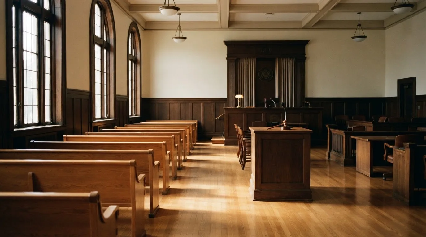 Een lege rechtszaal met houten banken in het ochtendlicht