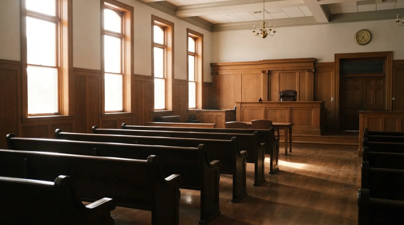 Een lege rechtszaal met houten banken in het ochtendlicht