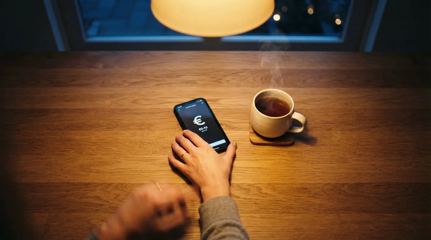 Een hand legt een smartphone naast een kopje thee op een keukentafel, een rustige avond