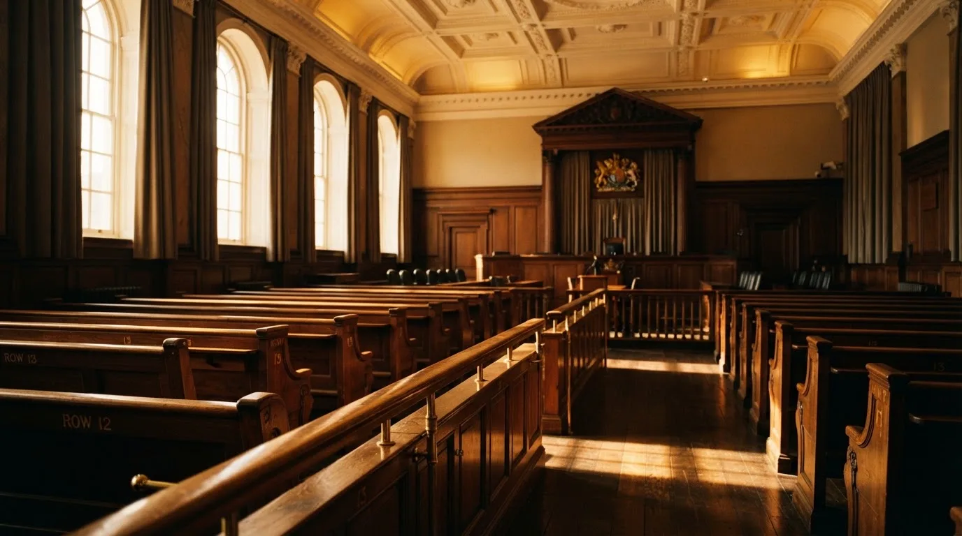 Een lege rechtszaal met houten banken in het ochtendlicht