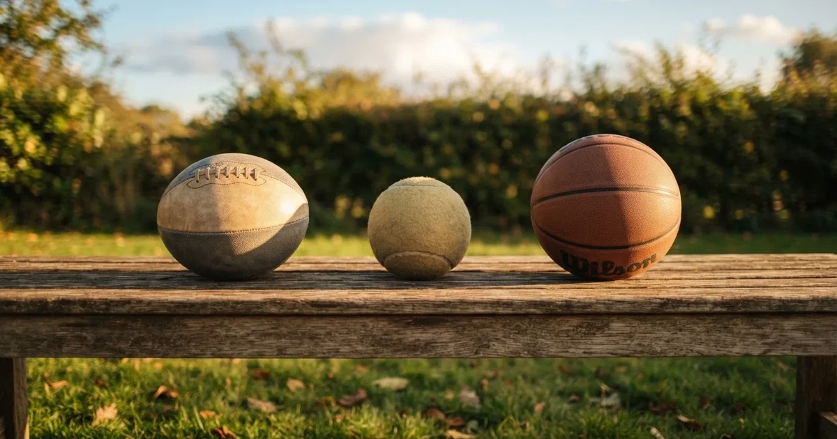 Drie ballen van verschillende soorten naast elkaar op een houten bank