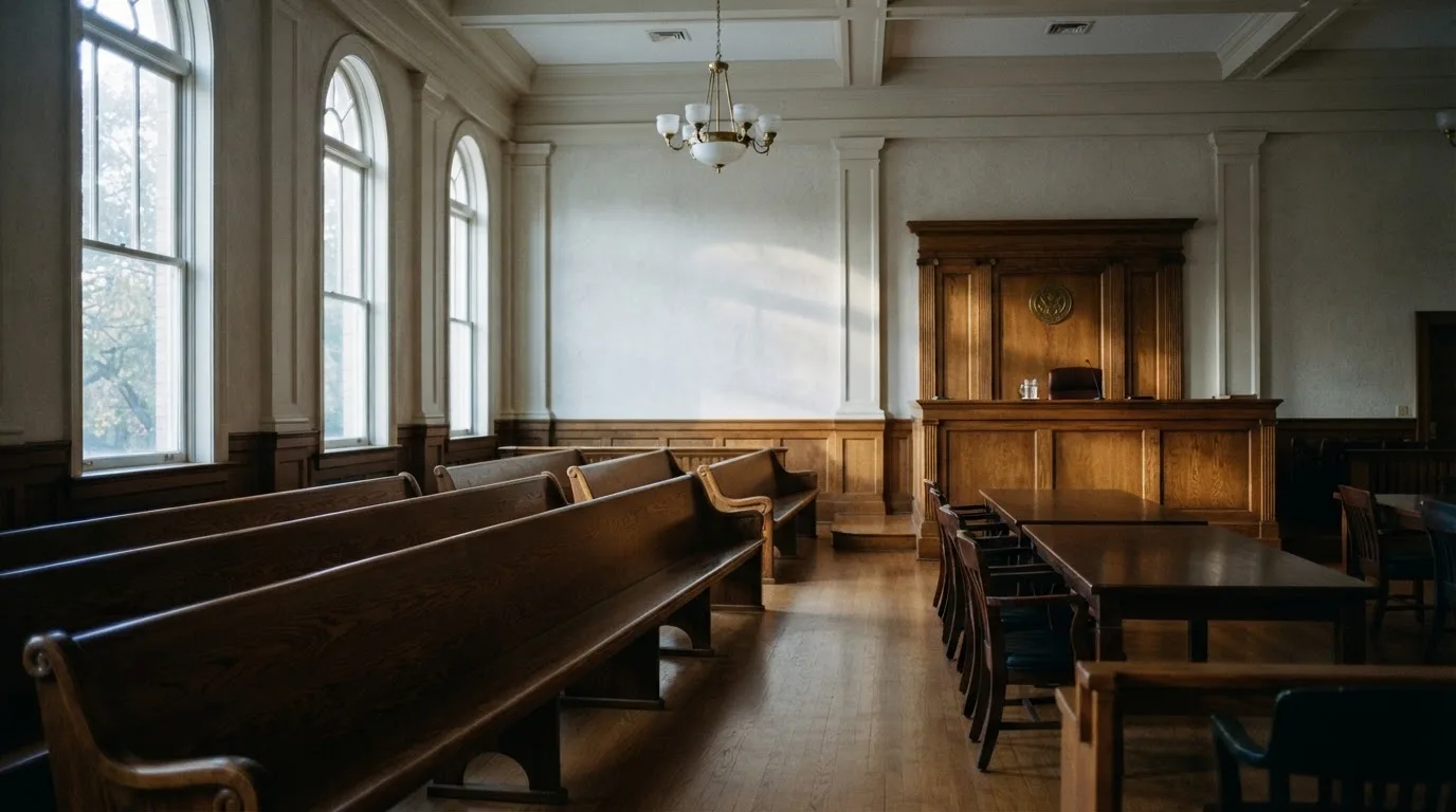 Een lege rechtszaal met houten banken in het ochtendlicht