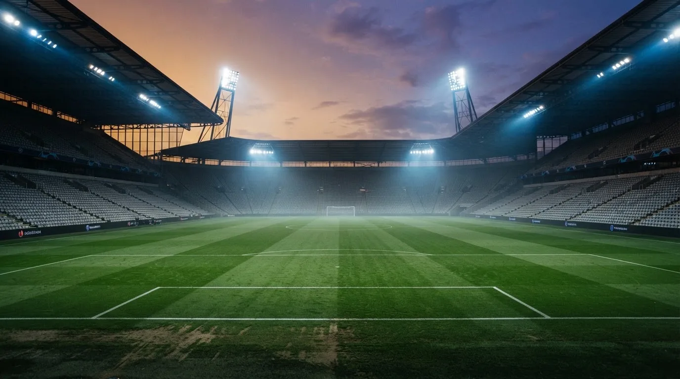 Een leeg voetbalstadion met lichtmasten bij schemering