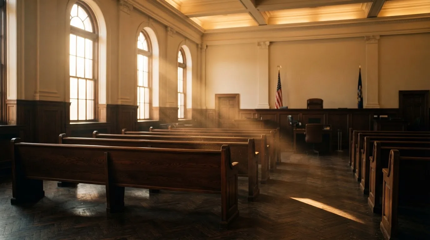 Een lege rechtszaal met houten banken in het ochtendlicht