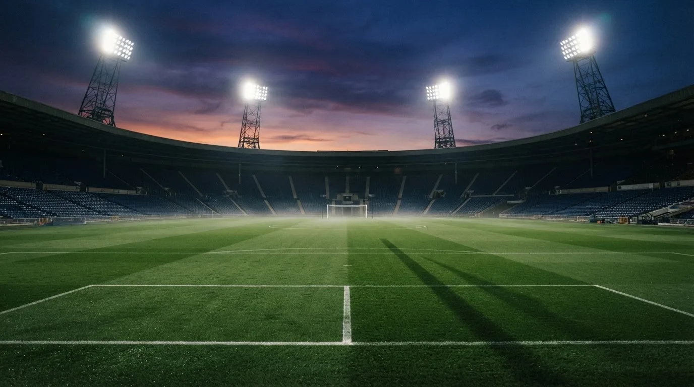 Een leeg voetbalstadion met lichtmasten bij schemering