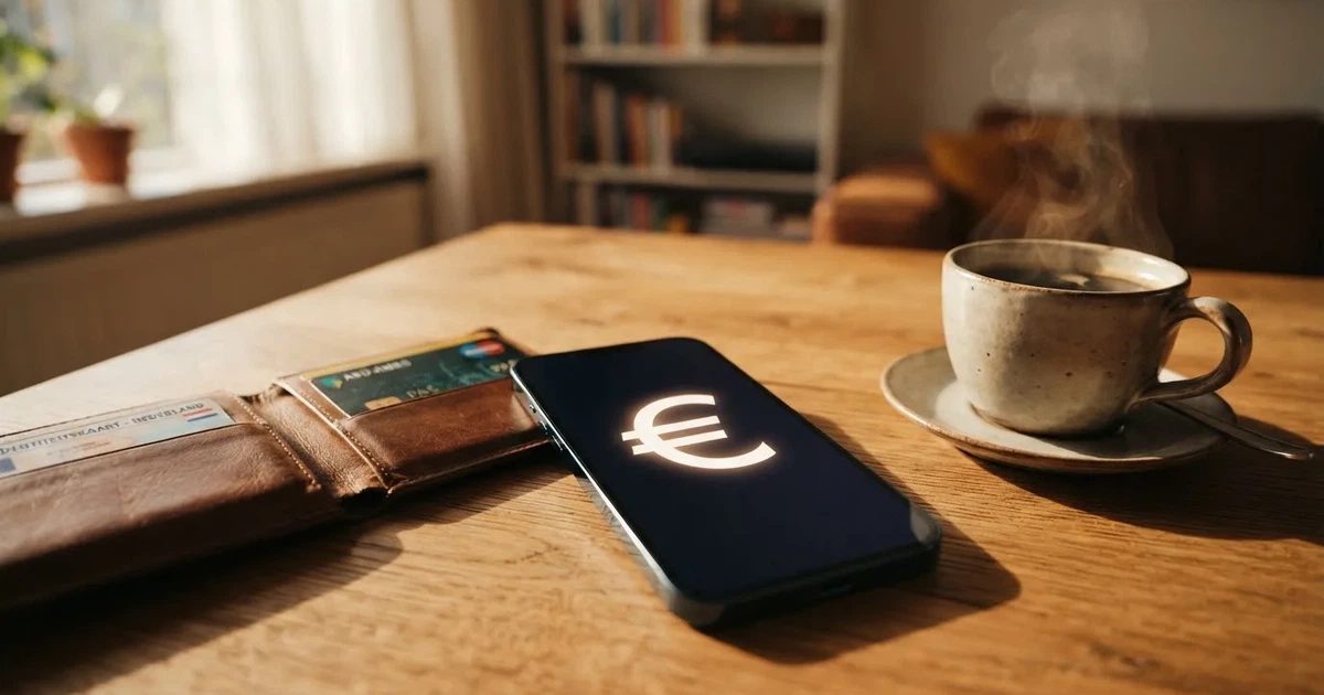 Een smartphone op een houten tafel naast een portemonnee en een kopje koffie