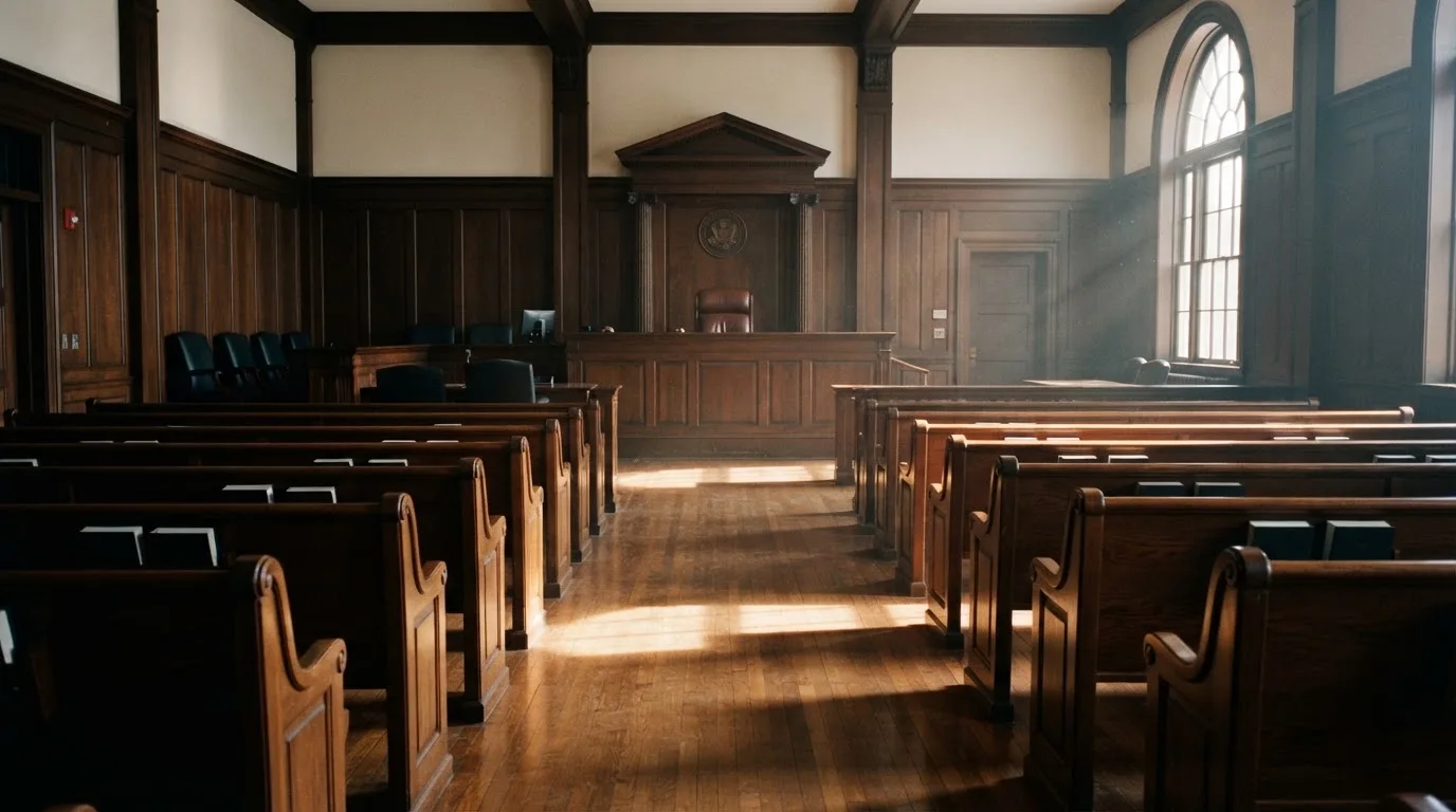 Een lege rechtszaal met houten banken in het ochtendlicht