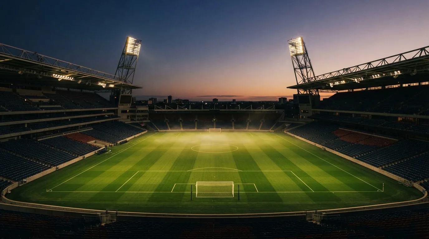 Een leeg voetbalstadion met lichtmasten bij schemering