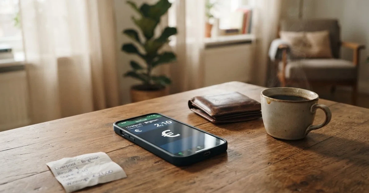 Een smartphone op een houten tafel naast een portemonnee en een kopje koffie