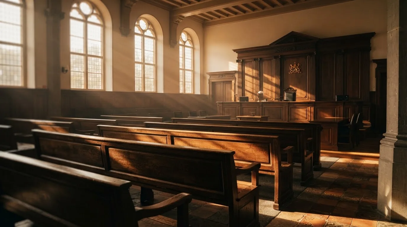 Een lege rechtszaal met houten banken in het ochtendlicht