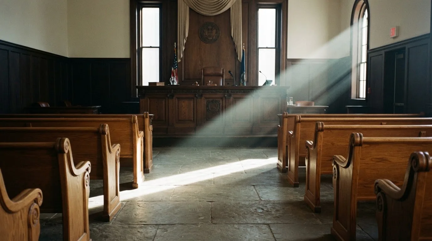 Een lege rechtszaal met houten banken in het ochtendlicht