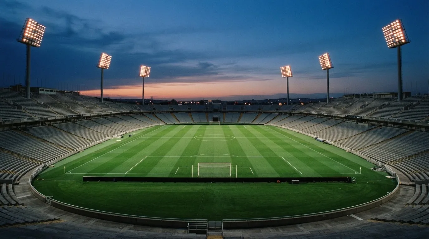 Een leeg voetbalstadion met lichtmasten bij schemering