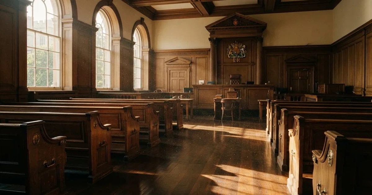 Een lege rechtszaal met houten banken in het ochtendlicht
