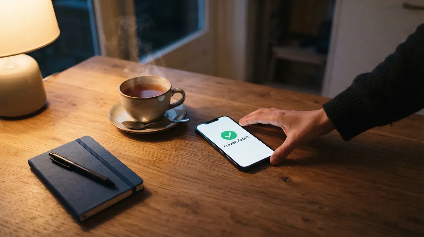 Een hand legt een smartphone naast een kopje thee op een keukentafel, een rustige avond
