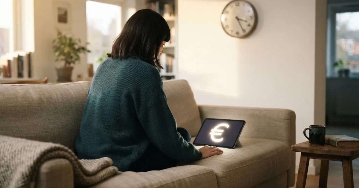 Een persoon op de bank kijkt peinzend naar een tablet, op de achtergrond een klok aan de muur