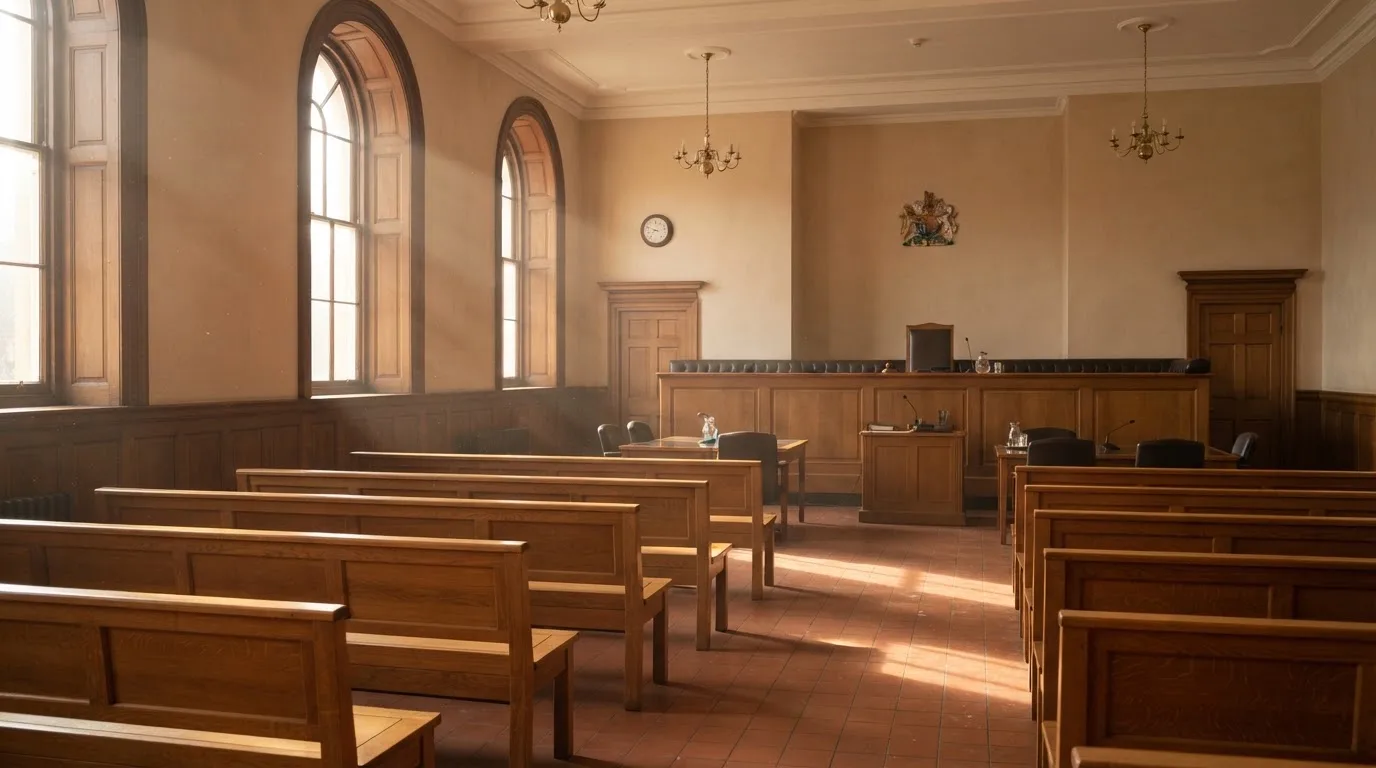 Een lege rechtszaal met houten banken in het ochtendlicht