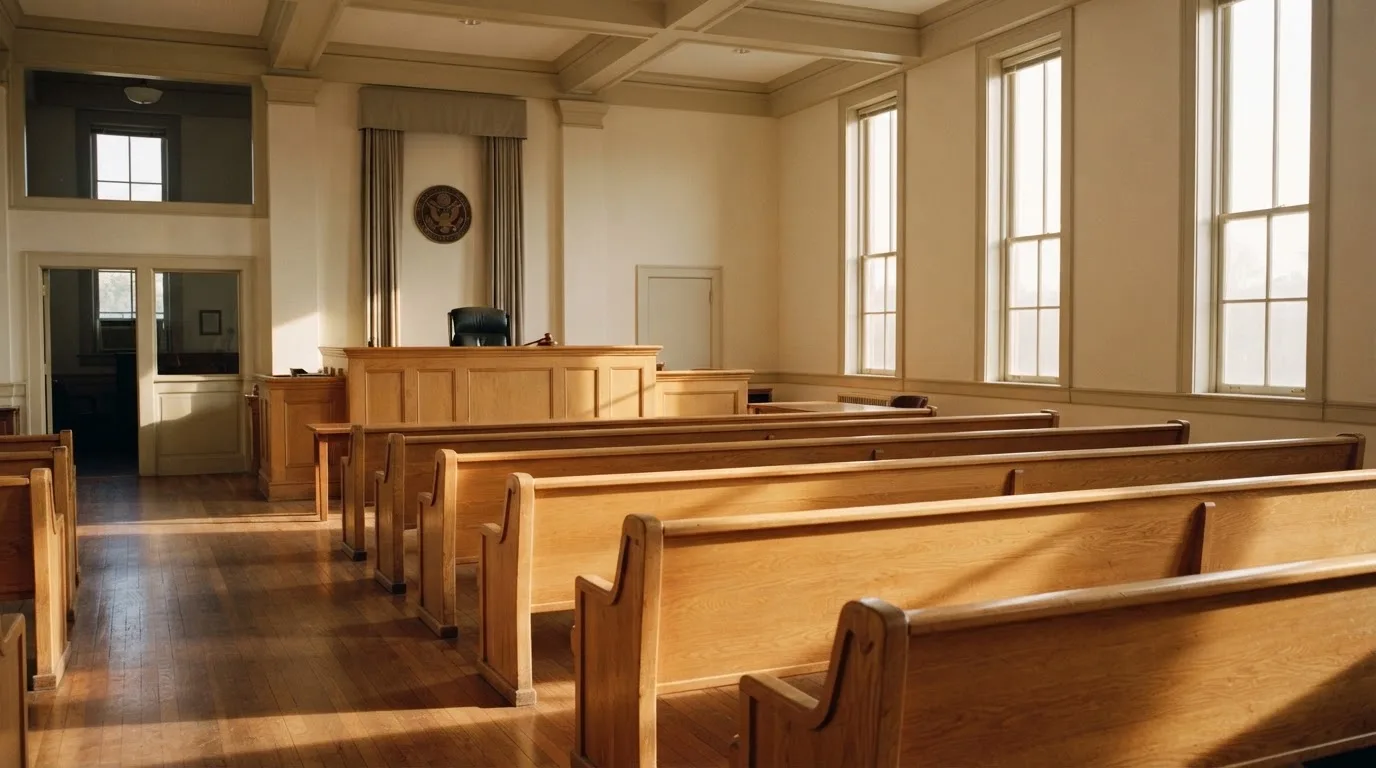 Een lege rechtszaal met houten banken in het ochtendlicht
