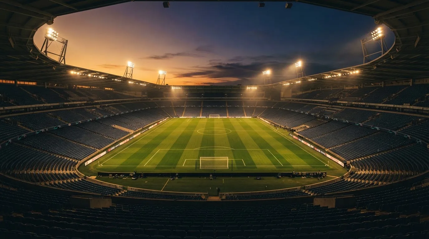 Een leeg voetbalstadion met lichtmasten bij schemering