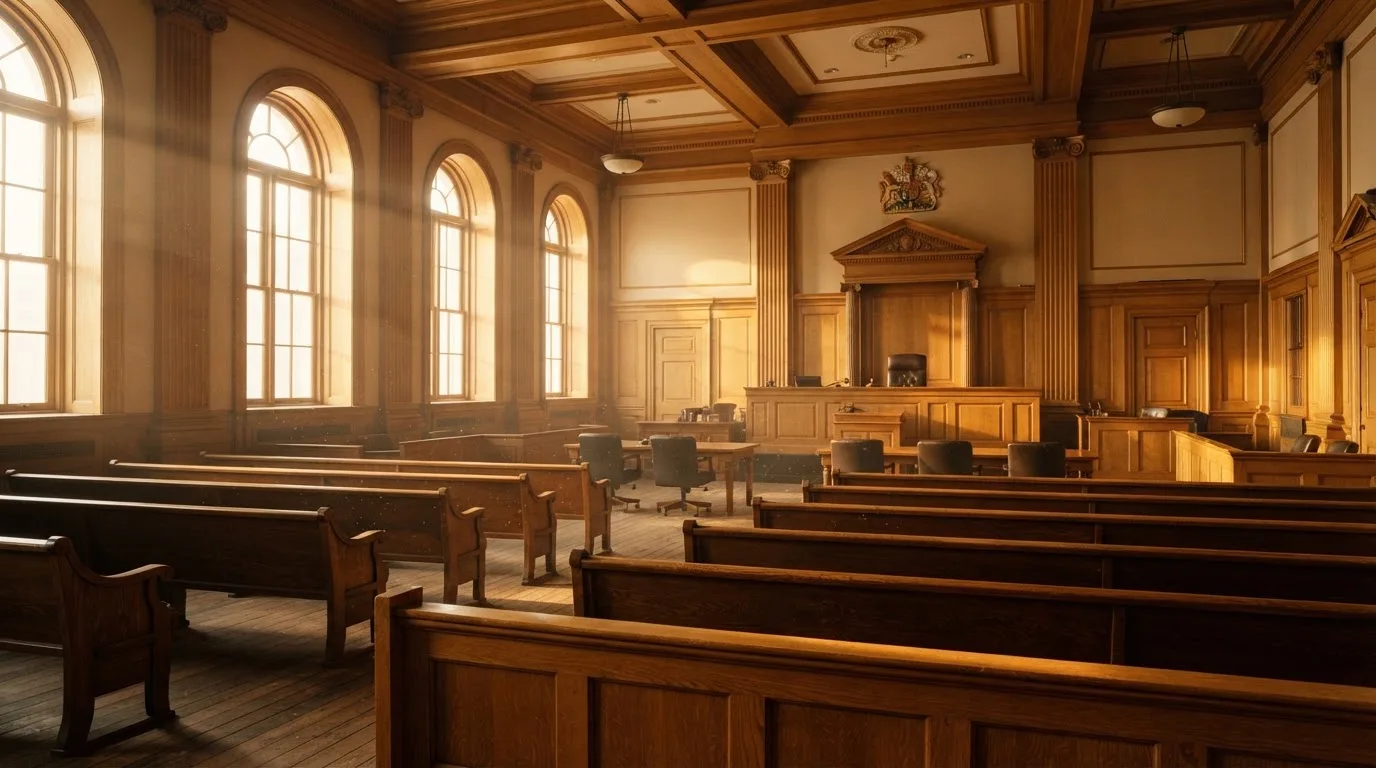 Een lege rechtszaal met houten banken in het ochtendlicht